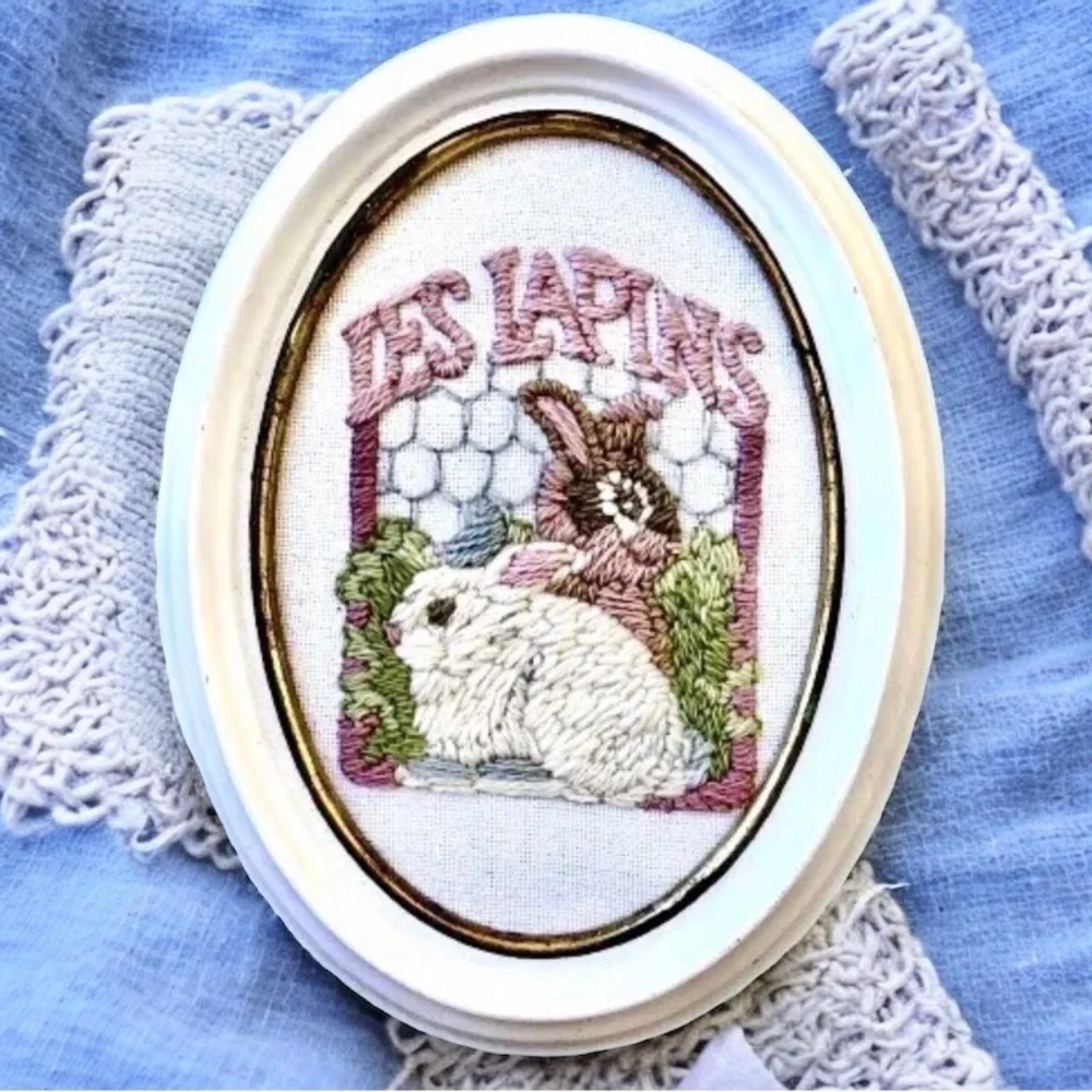 Vintage Long Needlepoint Bunny Rabbits Easter Wall Art Framed